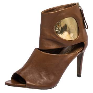 Pre Owned Sergio Rossi Brown/Gold Leather Cut Out Booties Size 36
