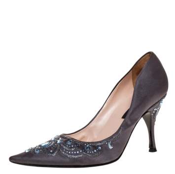 Pre Owned Sergio Rossi Grey Satin Crystal Embellished Pointed Toe Pumps Size 38.5