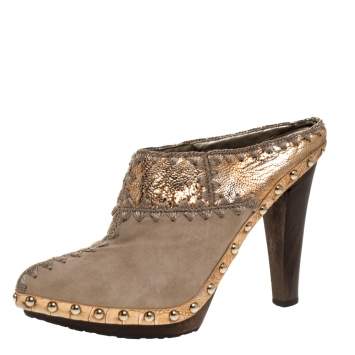 Pre Owned Sergio Rossi Beige Suede Stud Trim Wooden Platform Pointed Toe Mules Size 37.5