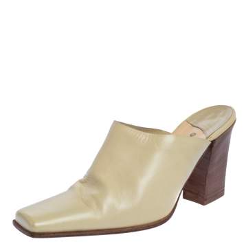 Pre Owned Sergio Rossi Cream Leather Block Heel Square Toe Mules Size 39