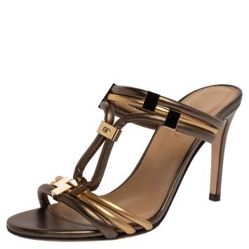 Pre Owned Sergio Rossi Metallic Dark Green/Gold Leather T Strap Slide Sandals Size 35