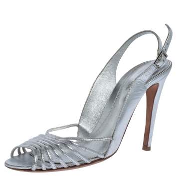 Pre Owned Sergio Rossi Silver Leather Strappy Ankle Strap Sandals Size 38.5