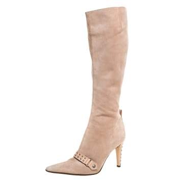 Pre Owned Sergio Rossi Beige Suede And Leather Studded Detail Knee Length Boots Size 35.5