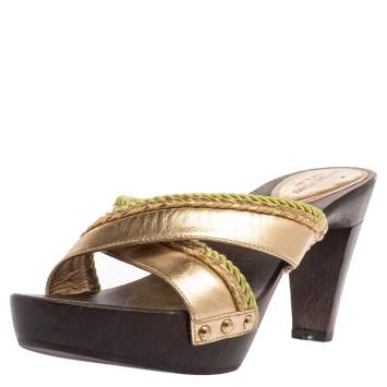 Pre Owned Sergio Rossi Gold Criss Cross Leather Platform Wooden Slide Sandals Size 40
