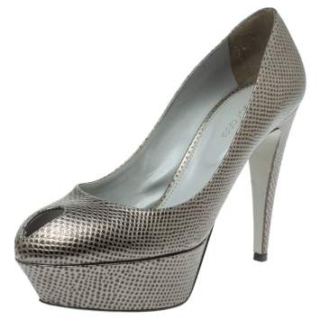 Pre Owned Sergio Rossi Grey Lizard Embossed Leather Peep Toe Platform Pumps Size 38