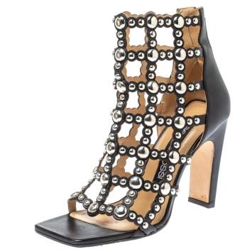 Pre Owned Sergio Rossi Black Leather Embellished Cut Out Sandals Size 37.5