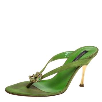 Pre Owned Sergio Rossi Green Satin Crystal Embellished Slide Sandals Size 36.5