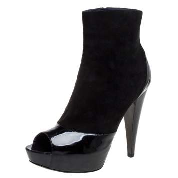Pre Owned Sergio Rossi Black Suede And Patent Leather Peep Toe Platform Booties Size 39.5