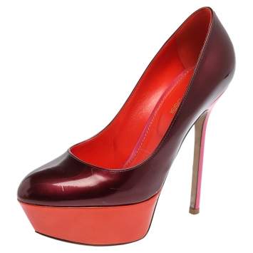 Pre Owned Sergio Rossi Burgundy/Orange Patent Leather Platform Pumps Size 36