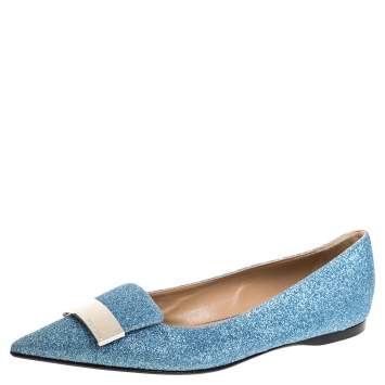 Pre Owned Sergio Rossi Light Blue Glitter Metal Detail Ballet Flats Size 39.5