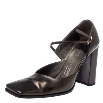 Pre Owned Sergio Rossi Dark Grey Leather Ankle Strap Square Toe Pumps Size 37.5