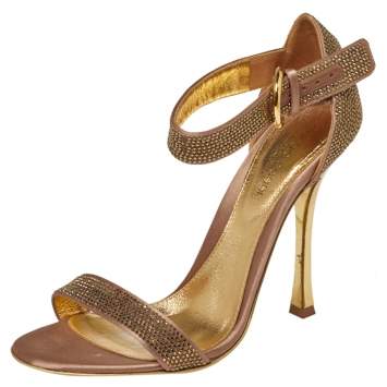 Pre Owned Sergio Rossi Gold  Satin And Crystal Embellished  Studded Ankle Strap Sandals Size 37