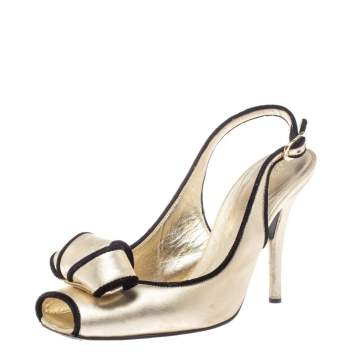 Pre Owned Sergio Rossi Gold Leather Bow Slingback Sandals Size 39