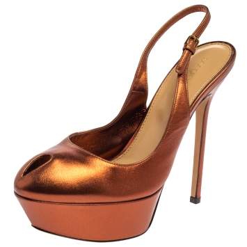 Pre Owned Sergio Rossi Metallic Brown Leather Cachet Peep Toe Platform Slingback Sandals Size 36.5