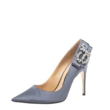Pre Owned Sergio Rossi Grey Satin Icona Embellished Pointed Toe Pumps Size 39
