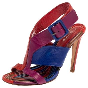 Pre Owned Sergio Rossi Multicolor Leather Buckle Slingback Sandals Size 37.5