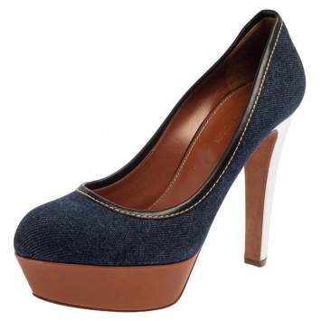 Pre Owned Sergio Rossi Blue Denim And Leather Platform Pumps Size 38.5