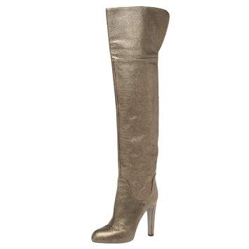 Pre Owned Sergio Rossi Metallic Bronze Lizard Embossed Leather High Boots Size 41