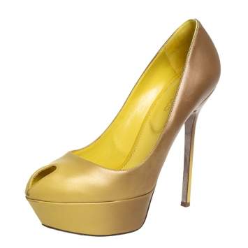 Pre Owned Sergio Rossi Green/Yellow Leather Peep Toe Platform Pumps Size 37