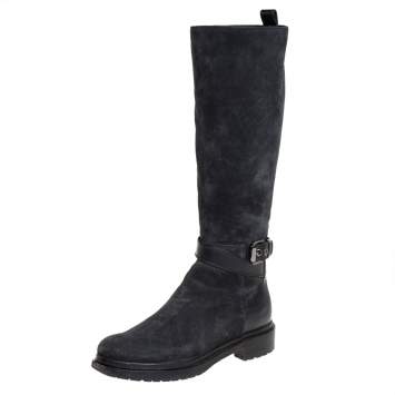 Pre Owned Sergio Rossi Black Suede And Leather Knee Length Boots Size 37