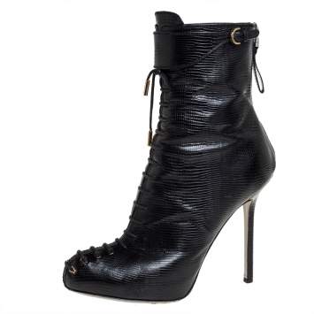 Pre Owned Sergio Rossi Black Lizard Embossed Leather Lace Up  Boots Size 38