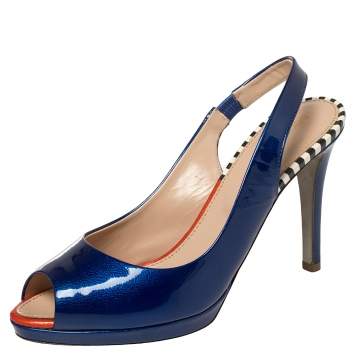 Pre Owned Sergio Rossi Blue Patent Leather Peep Toe Slingback Sandals Size 36