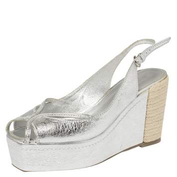 مملوكة مسبقًا Sergio Rossi Silver Leather Espadrille Platform Slingback Wedge Sandals Size 39.5