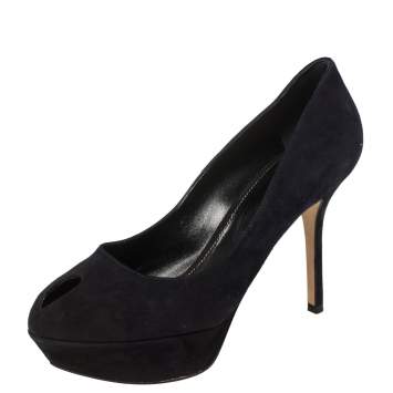 Pre Owned Sergio Rossi Navy Blue Suede Peep Toe Platform Pumps Size 38.5