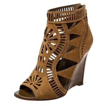 Pre Owned Sergio Rossi Brown Laser Cut Suede Open Toe Booties Size 36