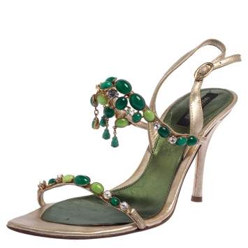 Pre Owned Sergio Rossi Gold Leather Jewel Embellished Ankle Strap Sandals Size 38.5