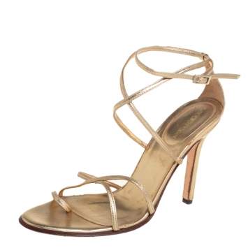 Pre Owned Sergio Rossi Gold Leather Strappy Sandals Size 38