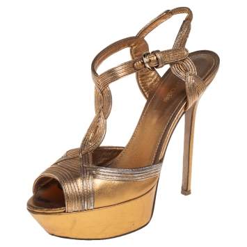 Pre Owned Sergio Rossi Metallic Gold Open Toe Platform T Strap Sandals Size 37.5