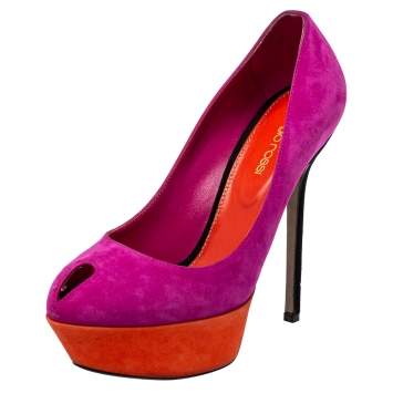 Pre Owned Sergio Rossi Purple/Orange Suede Peep Toe Pumps Size 37.5