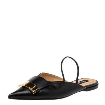 Pre Owned Sergior Rossi Black Leather Slingback Flat Mules Size 40