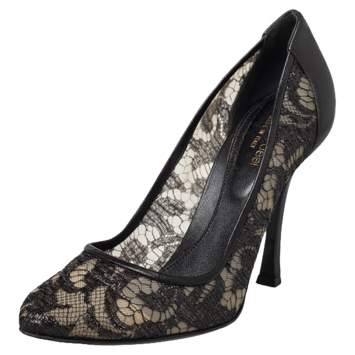 Pre Owned Sergio Rossi Black Lace And Leather Pumps Size 39