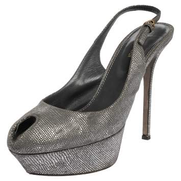 Pre Owned Sergio Rossi Grey/Silver Suede Cachet Peep Toe Platform Slingback Sandals Size 37.5