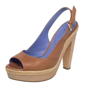 Pre Owned Sergio Rossi Brown Leather Platform Espadrille Slingback Sandals Size 39.5