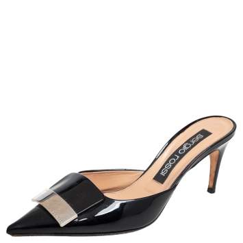 Pre Owned Sergio Rossi Black Patent Leather SR1 Mules Size 39