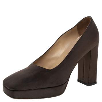 Pre Owned Sergio Rossi Brown Fabric Block Heel Pumps Size 37.5
