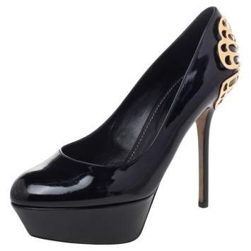 Pre Owned Sergio Rossi Black Patent Leather Butterfly Plaque Platform Pumps Size 37.5