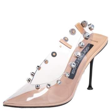 Pre Owned Sergio Rossi Beige PVC Crystal Embellished Slingback Sandals Size 39