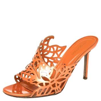 Pre Owned Sergio Rossi Orange Patent Leather Cut Out  Sandals Size 39