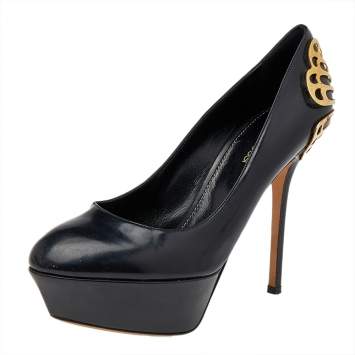 Pre Owned Sergio Rossi Black Leather Butterfly Plaque Platform Pumps Size 38.5