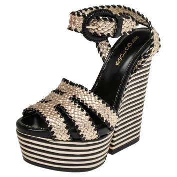 Pre Owned Sergio Rossi Gold/Black Leather Braided Ankle Strap Wedges Sandal Size 35