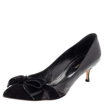 Pre Owned Sergio Rossi Black Velvet And Patent Leather Bow Pumps Size 38.5