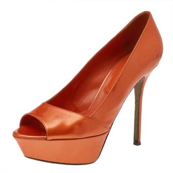 Pre Owned Sergio Rossi Orange Patent Leather Peep Toe Platform Pumps Size 36.5