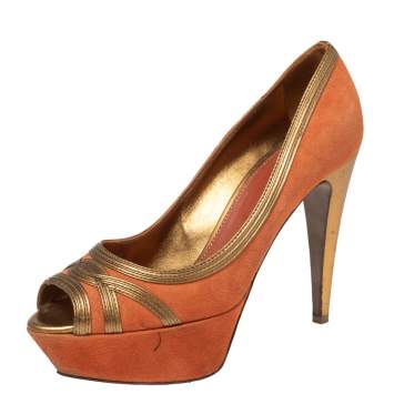Pre Owned Sergio Rossi Orange-Gold Leather And Suede Peep Toe Platform Pumps Size 37