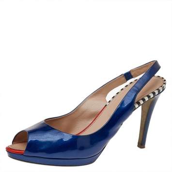 Pre Owned Sergio Rossi Blue Patent Leather Peep Toe Slingback Sandals Size 40