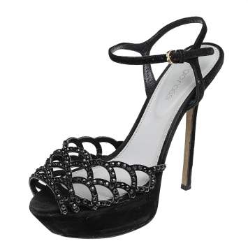 Pre Owned Sergio Rossi Black Suede Crystal Embellished  Ankle Strap Sandals Size 36.5
