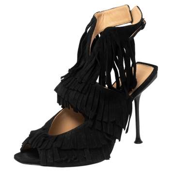 Pre Owned Sergio Rossi Black Suede Cut Out Fringe Sandals Size 38
